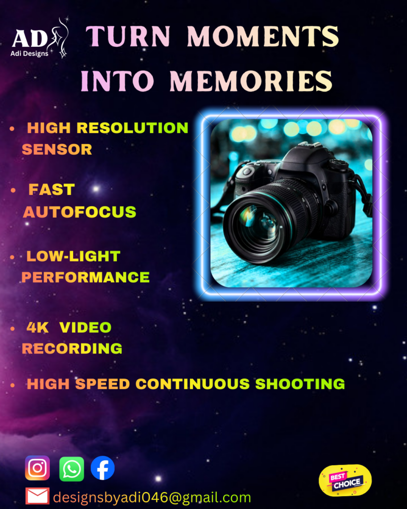 Creative DSLR camera poster design with neon lighting and product focus
