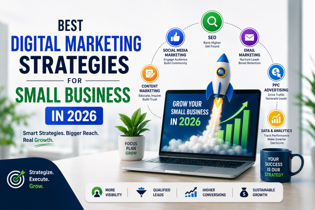 Small business owner analyzing digital marketing dashboard with growth charts, SEO tools, social media icons, email campaigns, and AI analytics representing strategies to grow a business online.